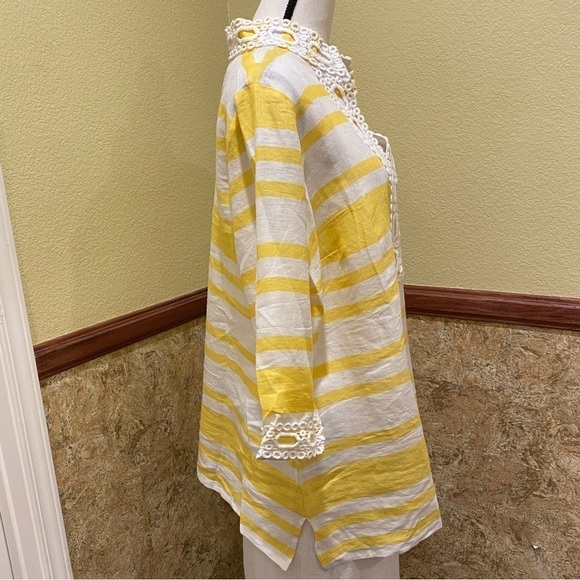 Charter Club NWT 100% Linen Tunic Top Yellow White Stripe Lace Trim V Neck Sz 2X - Picture 4 of 12